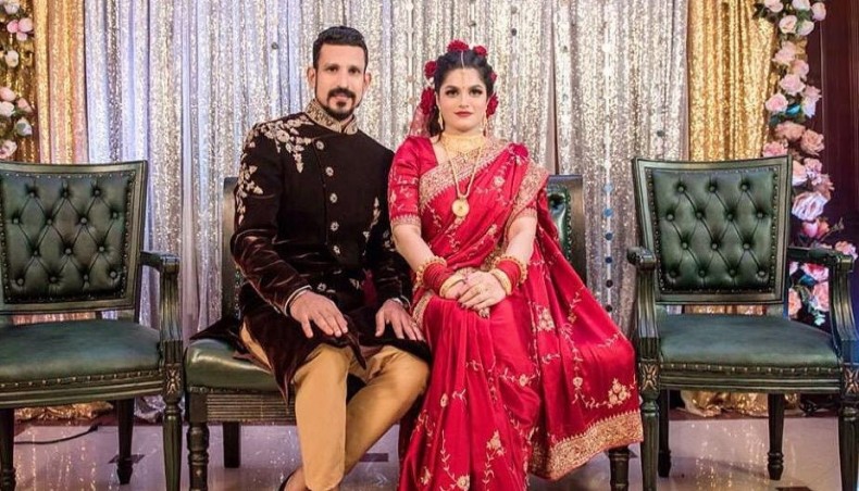 This photo taken from Facebook on February 15, 2021 shows cricketer Nasir Hossain is with his newly-wed wife Tamima Sultana.