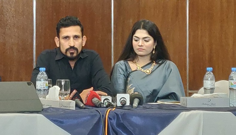 Cricketer Nasir Hossain and his wife Tamima Sultana speak during a press conference at a city hotel on Wednesday.— Courtesy photo