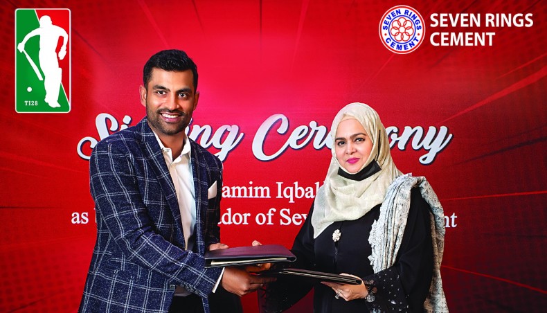 Bangladesh one-day international skipper Tamim Iqbal poses for a photograph after signing an agreement to become the brand ambassador Seven Rings Cement recently. — Courtesy photo