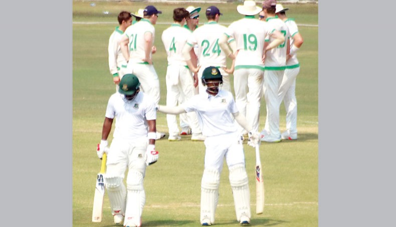 Bangladesh emerging team batsman Yasir Ali (L) leaves the ground after he was dismissed for 92 on the second day of their four-day match against Ireland Wolves in Chattogram on Saturday. — BCB photo