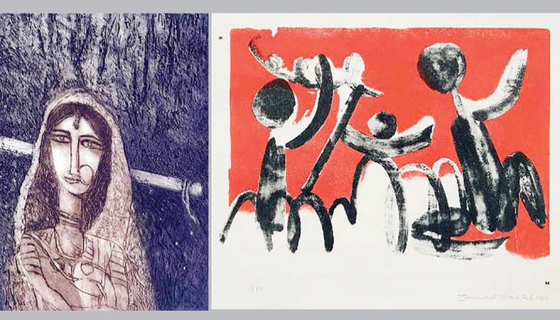 Artworks by Amitabha Banerjee, left, Somnath Hore.