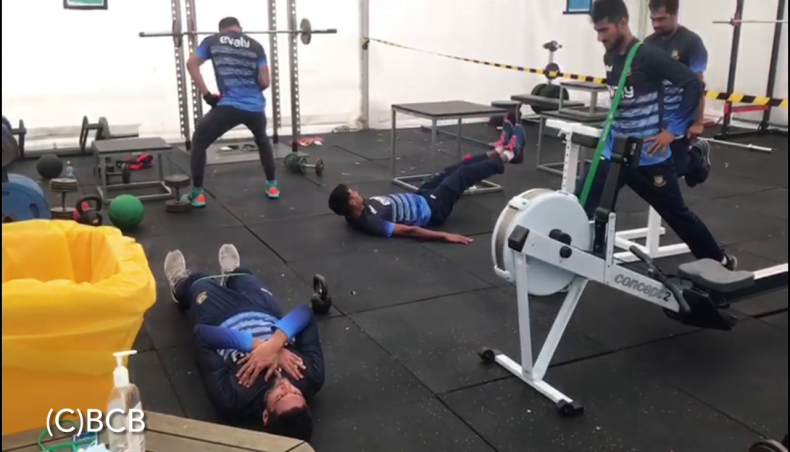 A video grab provided by the Bangladesh Cricket Broad shows national team cricketers undergo a gym session at their team hotel in Christchurch on Wednesday.