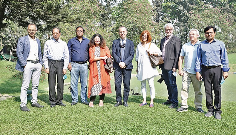 EU ambassador Rensje Teerink, Italian ambassador Enrico Nunziata and Swiss ambassador Nathalie Chuard, among others, pose for a photo during a visit to Beximco Industrial Park and Shinepukur Ceramics Ltd on Wednesday. — Press release