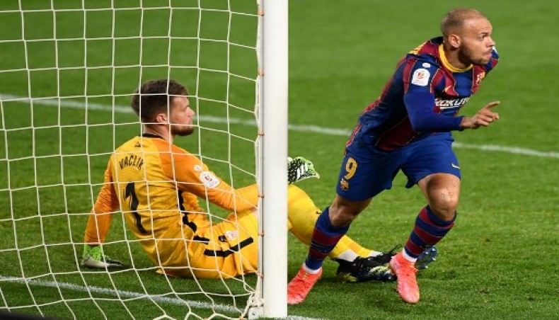 Barcelona's Danish forward Martin Braithwaite celebrates scoring his team's third goal during Spanish Copa del Rey (King's Cup) semi-final second leg football match between FC Barcelona and Sevilla FC at the Camp Nou stadium in Barcelona on March 3, 2021.- AFP photo