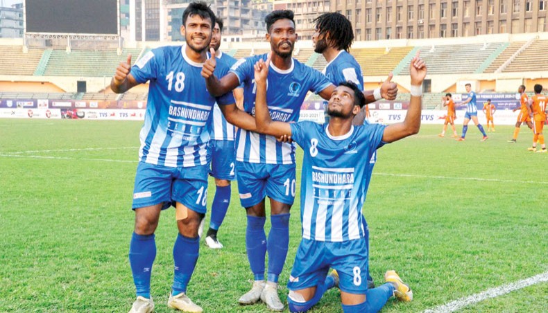 Sheikh Russel forward Abdullah (R) celebrates one of his two goals during their Bangladesh Premier League match against Police FC at the BNS on Thursday. — BFF photo