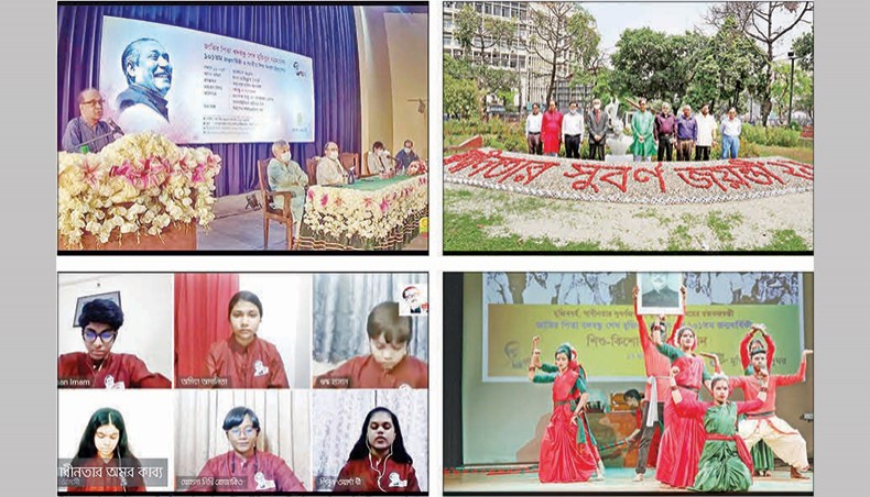 Clockwise from top left: Bangla Academy arranges a discussion programme, Bangladesh National Museum inaugurates a bust of Mujib, Liberation War Museum arranges a cultural show and Bangladesh Abritti Samannay Parishad arranged an online programme marking the 101st anniversary of birth of the country’s founding president Sheikh Mujibur Rahman on Wednesday. — Sony Ramany/ press release
