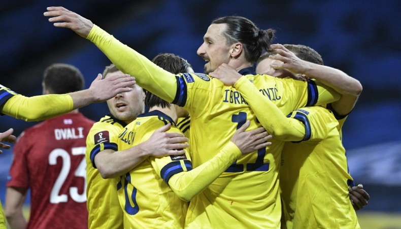 Sweden forward Zlatan Ibrahimovic (C) and his team-mates celebrate the first goal during their 2022 FIFA World Cup qualifier match against Georgia in Solna, near Stockholm on Thursday. -- AFP photo