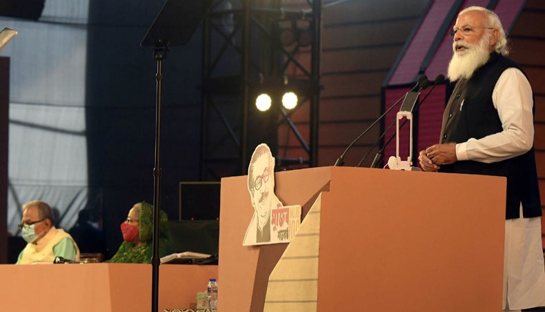 Indian prime minister Narendra Modi addresses a function at the National Parade Ground here on the final day of the 10-day special programme marking the birth centenary of Sheikh Mujibur Rahman and the golden jubilee of Bangladesh’s independence on Friday. — Focus Bangla