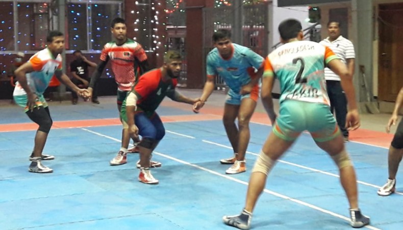 Bangladesh national kabaddi team players attend a training session at the National Volleyball Stadium in Paltan on Saturday. — BKF photo