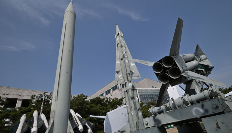 Replicas of a North Korean Scud-B missile and South Korea’s Nike missiles are displayed at the Korean War Memorial in Seoul on March 24, 2021. — AFP photo