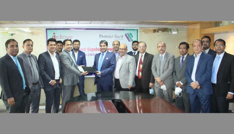Participants pose for a photo session at a memorandum of understanding signing ceremony between Premier Bank Limited and I-Clique Solutions Limited in Dhaka recently. — Press Release