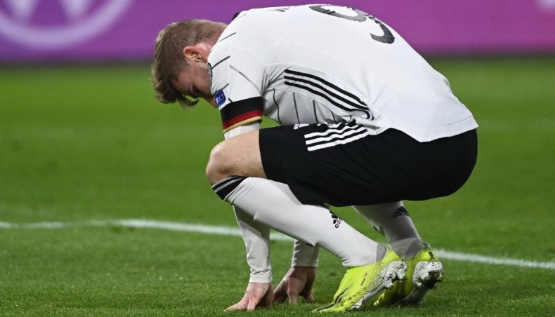 Germany forward Timo Werner reacts after missing a simple goal scoring opportunity during their 2022 FIFA World Cup qualifier against North Macedonia in Duisburg, western Germany on Wednesday. – AFP photo