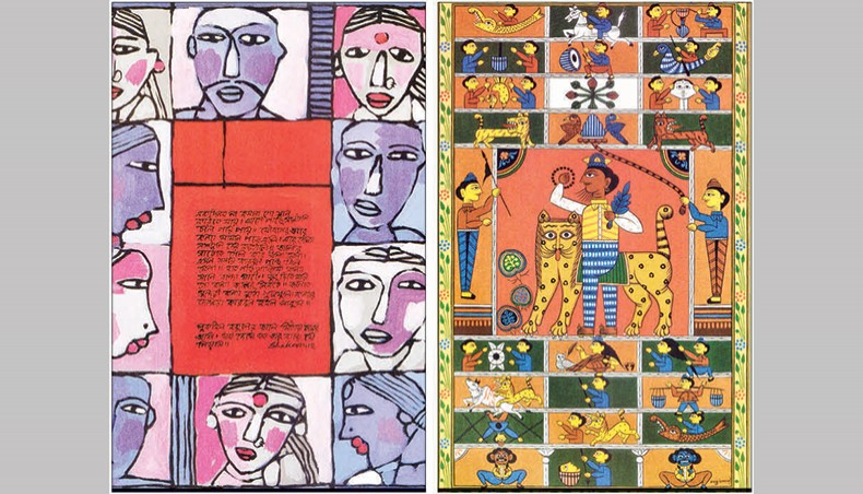 Artworks by Abdus Shakoor Shah, left, Shambhu Acharya.