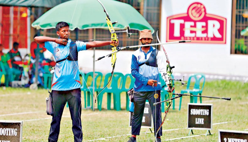 Air Force archer Ram Krishna Saha in action during the men’s recurve individual event of the 9th Bangabandhu Bangladesh Games at the Shaheed Ahsan Ullah Master Stadium in Tongi on Tuesday.— BOA photo
