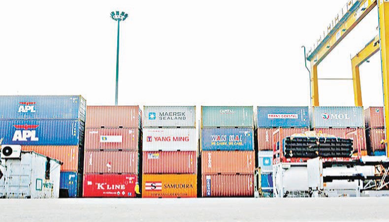 A file photo shows containers at the Chattogram port. The country’s export earnings fell by 0.12 per cent to $28.93 billion In the July-March period of the current financial year 2020-21 from $28.97 billion in the same period of the previous fiscal year amid the COVID-19 outbreak. — New Age photo