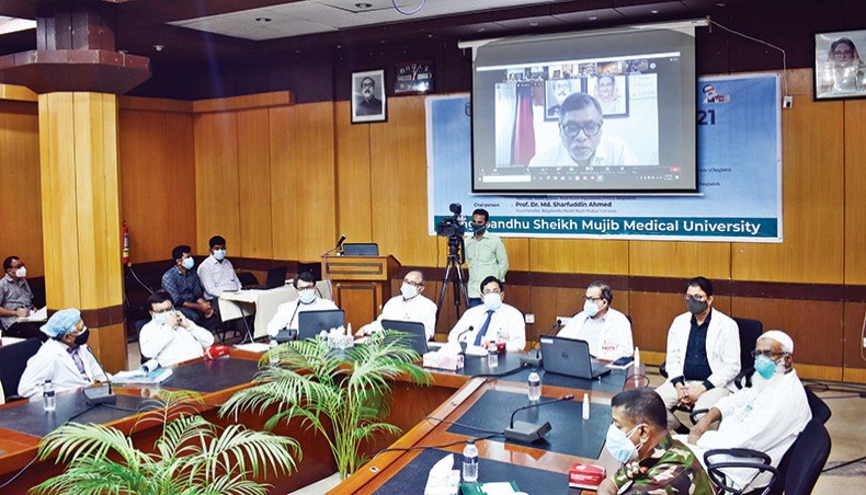 Health minister Zahid Hossain Maleque speaks as chief guest during a zoom meeting organised by Bangabandhu Sheikh Mujib Medical University at Dr Milton Hall marking World Heath Day on Wednesday. — Press release