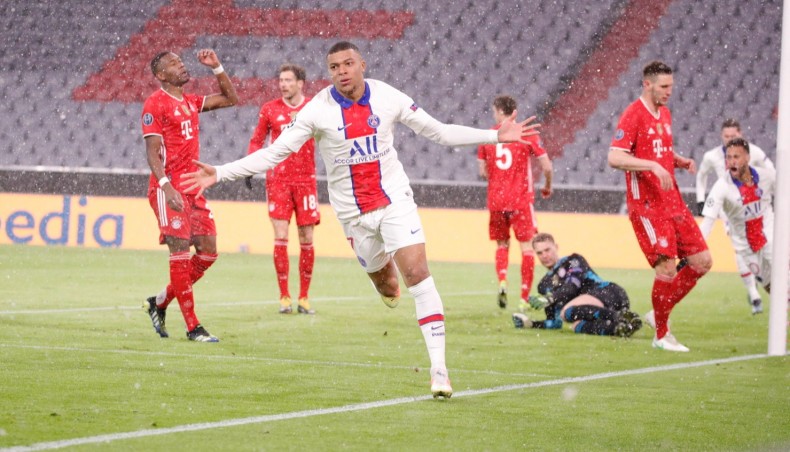 Paris Saint-Germain forward Kylian Mbappe (C) celebrates after scoring his team’s opening goal against Bayern Munich during their UEFA Champions League quarter-final first leg match at the Allianz Arena in Munich on Wednesday. — Twitter photo