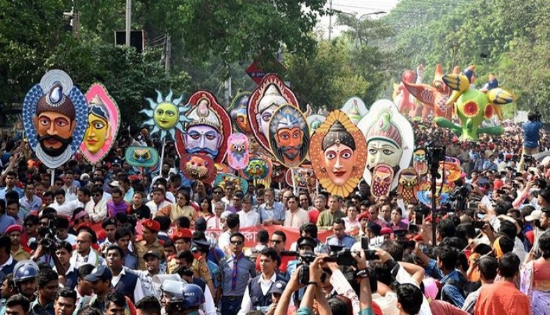 File photo shows Mangal Shobhajatra arranged by Dhaka University fine arts faculty at Shahbagh marking Pahela Baishakh. — New Age photo