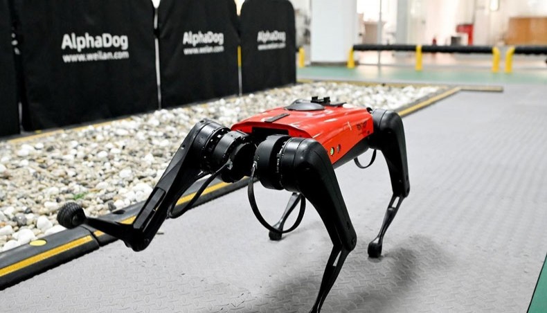 This picture taken on April 2, 2021 shows an engineer controlling an AlphaDog quadruped robot in a workshop at the Weilan Intelligent Technology Corporation in Nanjing, China's Jiangsu province. — AFP photo