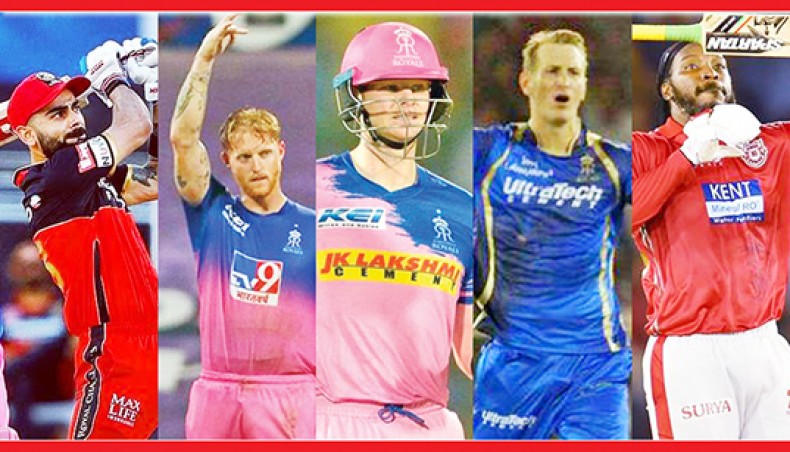 A combo picture shows Virat Kohli, Ben Stokes, Steve Smith, Chris Morris and Chris Gayle.— IPL photos