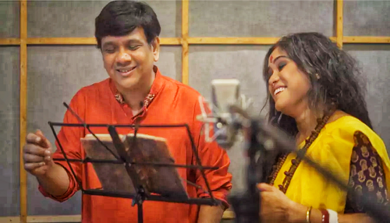 Sabbir Nasir, left, Shampa Bishwas during the recording of Binodinee Rai at a studio. — Press Release