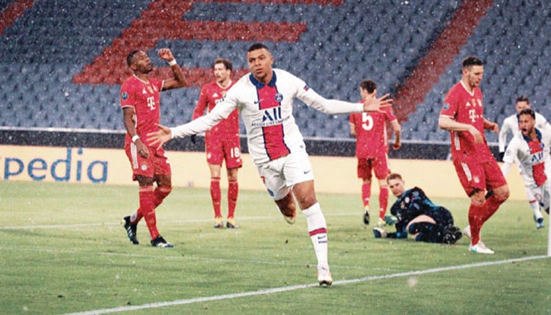 Paris Saint-Germain forward Kylian Mbappe celebrates after scoring his team’s opening goal against Bayern Munich during their UEFA Champions League quarter-final first leg match in Munich on Wednesday. — Twitter photo