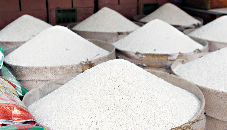 Sacks of rice are seen at a grocery store at the Kaptan Bazar kitchen market in the capital on Thursday. Year-on-year import of rice has increased almost 25 times in the first eight months of the current fiscal year 2020-2021 amid low government stock of the staple food coupled with soaring prices on the retail market. — Focusbangla photo