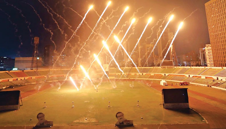 Fireworks explode during the closing ceremony of the ninth Bangabandhu Bangladesh Games at the Bangabandhu National Stadium in Dhaka on Saturday.— BOA photo