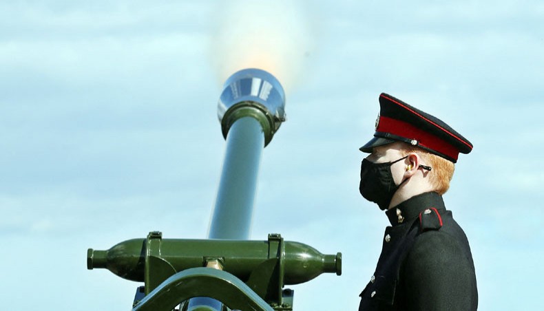 The Death Gun Salute is fired by the 105th Regiment Royal Artillery to mark the passing of Britain’s Prince Philip. — AFP photo