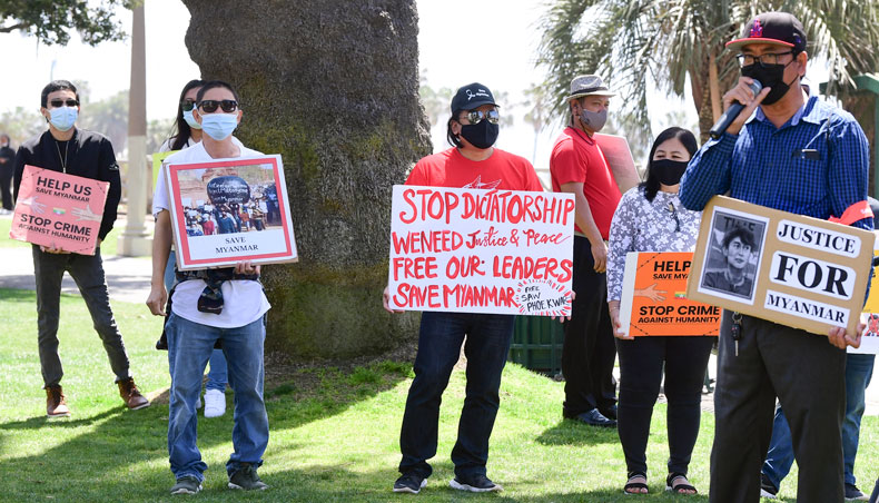 Activists rally calling on the United Nations to take action to Save Myanmar in Santa Monica, California on April 10, 2021. — AFP photo