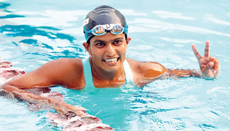 A file photo shows Tumpa Bangladesh Navy swimmer Sonia Akter Tumpa celebrating after winning gold in the women’s 50metre freestyle event of the 9th Bangabandhu Bangladesh Games. — BOA photo