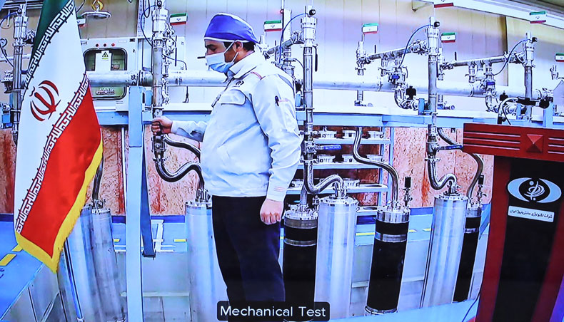 A hand-out picture provided by the Iranian presidential office on April 10, 2021, shows a grab of a videoconference screen of an engineer inside Iran’s Natanz uranium enrichment plant, shown during a ceremony headed by the country’s president on Iran’s National Nuclear Technology Day, in the capital Tehran. — AFP photo