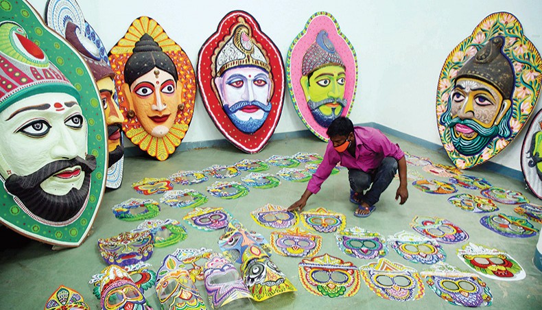 Masks, props and face shields representing the local tradition are being prepared for symbolic Mangal Shobhajatra at Faculty of Fine Art of Dhaka University. — Sony Ramany