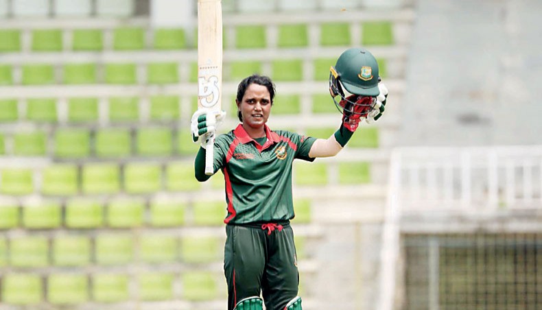 A file photo from April 6, 2021 shows Bangladesh emerging team captain Nigar Sultana celebrating her hundred during their second one-day match against their South African counterparts at the Sylhet International Cricket Stadium.— BCB photo