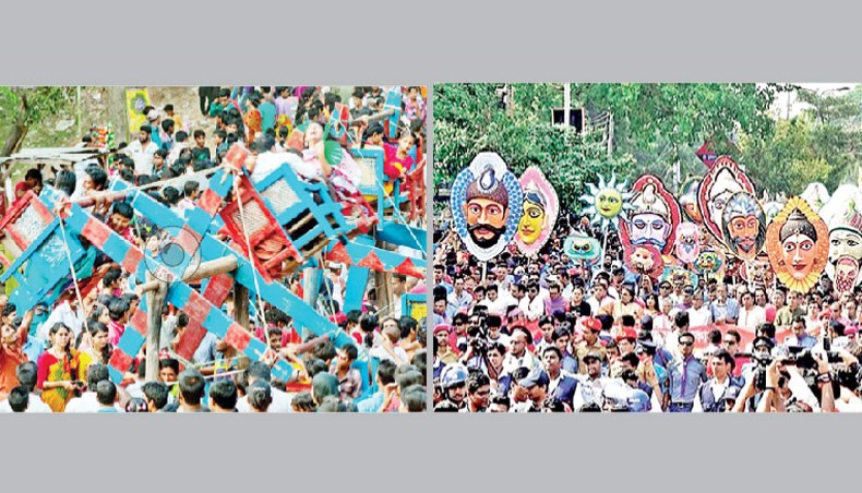 People attend a fair in Chattogram, left, Mangal Shobhajatra organised by the Fine Art Faculty of Dhaka University in Dhaka marking Pahela Baishakh. — New Age file photo/ Wikipedia
