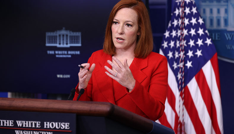 White House press secretary Jen Psaki talks to reporters during the daily news conference in the Brady Press Briefing Room at the White House on April 12, 2021 in Washington, DC. — AFP photo