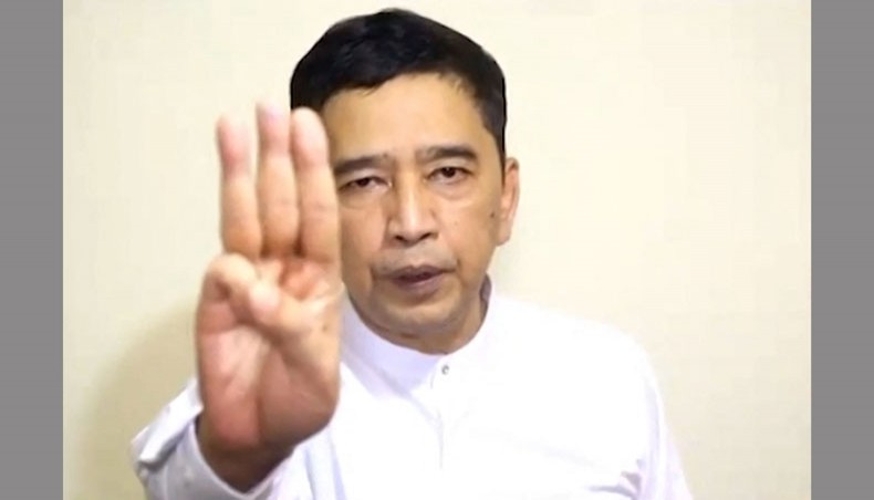 This screengrab from a video released by the Committee for Representing Pyidaungsu Hluttaw on April 16, 2021 shows Min Ko Naing, prominent pro-democracy leader and member of the CRPH, a group of MPs from detained Myanmar civilian leader Aung San Suu Kyi's National League for Democracy party, in an undisclosed location holding up the three finger salute as he announces the formation of a National Unity Government including different ethnic groups, amid a crackdown on protests against the military coup. — AFP Photo