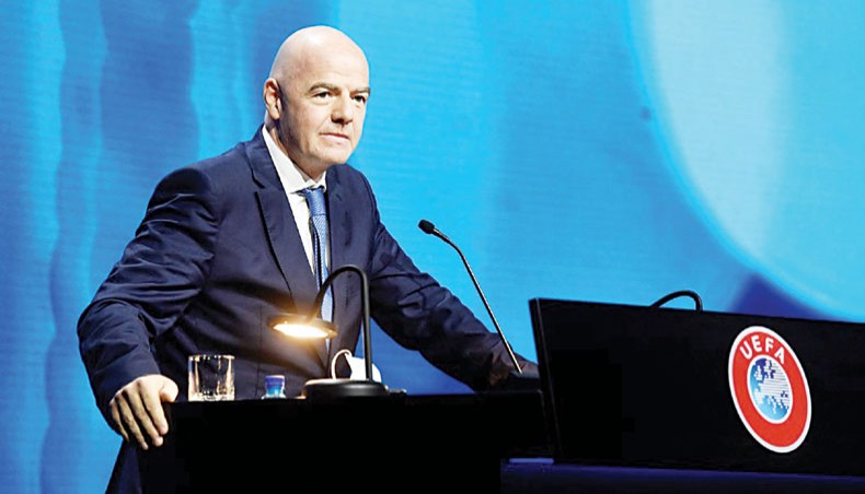 FIFA president Gianni Infantino speaks during the UEFA Congress in Montreux on Tuesday. — AFP photo