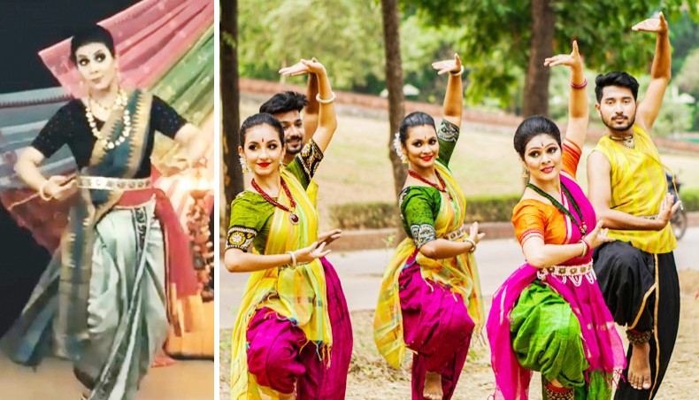Stills from online videos show Warda Rihab, left, Bhabna Nritya Dal presenting dance recitals marking World Dance Day.
