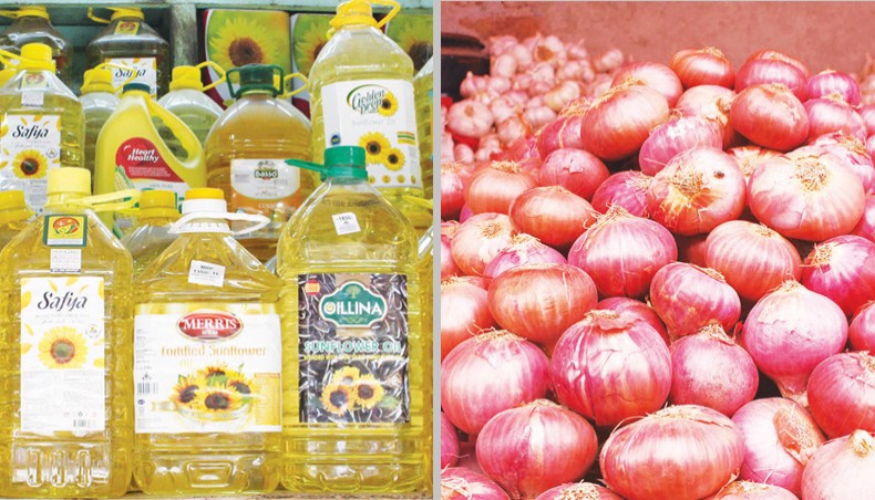A photo shows edible oil and onion at the Kaptan Bazar kitchen market in the capital on Friday. The prices of edible oil and onion increased further in the city’s kitchen markets over the week ending on Friday. — Focsubangla photo