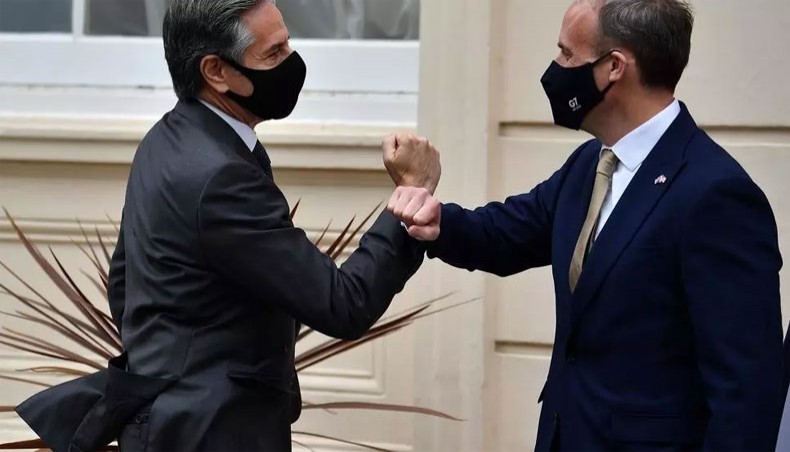 Britain's Foreign Secretary Dominic Raab (R) and US Secretary of State Antony Blinken are both pushing a firm line on the need for a more unified G7 approach. --AFP photo