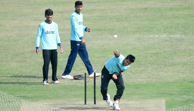 Bangladesh all-rounder Mohammad Saifuddin bowls during a training session at the Sher-e-Bangla National Stadium on Friday. — New Age photo