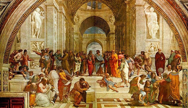 The School of Athens: an early 16th-century fresco at the Vatican by Raphael is considered by many critics as the classic embodiment of the spirit of renaissance. This fresco depicts a number of crucial European thinkers — Leonardo De Vinchi as Plato, Michelangelo as Heraclitus Aristotle, Aeschines as Socrates, Anaximander, Pythagoras, Archimedes — of both the classical and the renaissance period.