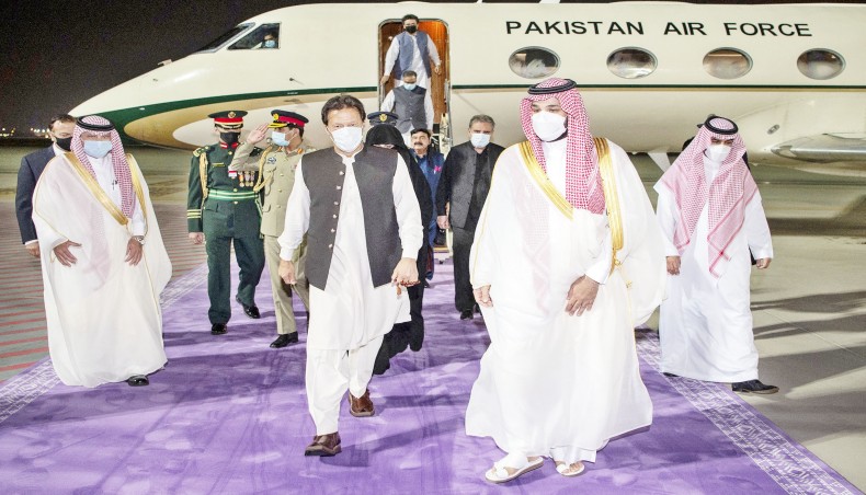 Saudi crown prince Mohammed bin Salman receives Pakistan’s prime minister Imran Khan in Saudi Arabia’s Red Sea city of Jeddah on Saturday. — AFP photo