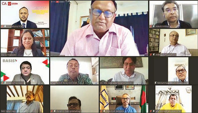 Commerce minister Tipu Munshi attends as chief guest a webinar on ‘Diversification of Bangladesh’s Export Basket: Opportunities and Challenges’ organised by the Institute of Chartered Accountants of Bangladesh on Saturday. ICAB council member Adeeb H Khan moderated the webinar, also attended by ICAB president Mahmudul Hasan Khusru and CEO Shubhashish Bose, senior secretary of commerce ministry Md Jafar Uddin, ICAB vice-president Maria Howlader, BSCIC chairman Md Mostaque Hassan, EPB vice-chairman and CEO AHM Ahsan, BAPA president AFM Fakhrul Islam Munshi, BGMEA president Faruque Hassan, BANGLACRAFT president Golam Ahsan, LFMEAB president Md Saiful Islam, BJGEA chairman Mohd Shafiqul Islam and BASIS president Syed Almas Kabir. — New Age photo