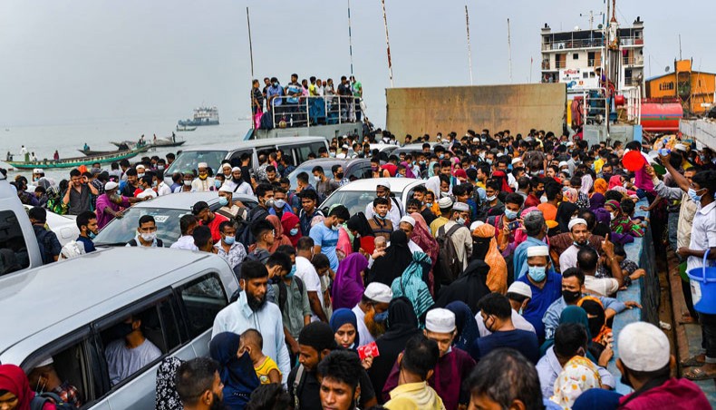 A rush of home goers is seen on a ferry at the Shimulia Ferry Terminal on Thursday. — Sourav Lasker