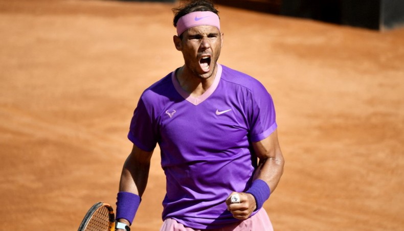 Spain's Rafael Nadal celebrates a point against Canada's Denis Shapovalov during their Italian Open match at Foro Italico in Rome on Thursday.-- AFP photo