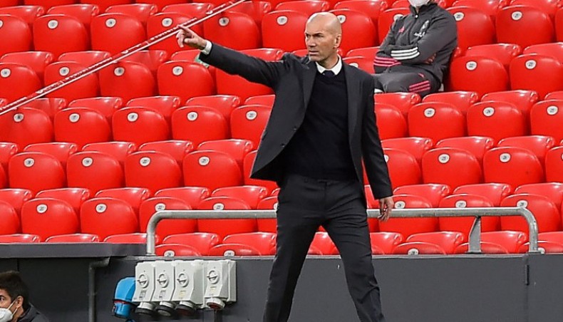 Real Madrid manager Zinedine Zidane gestures during their La Liga match against Athletic Bilbao at the San Mames stadium in Bilbao on Sunday. — AFP photo
