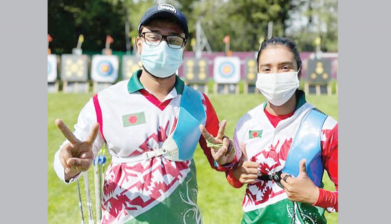 Bangladesh archers Ruman Shana (L) and Diya Siddique celebrate after reaching the final of the Archery World Cup stage-two recurve mixed team event in Lausanne, Switzerland on Thursday.— Facebook photo