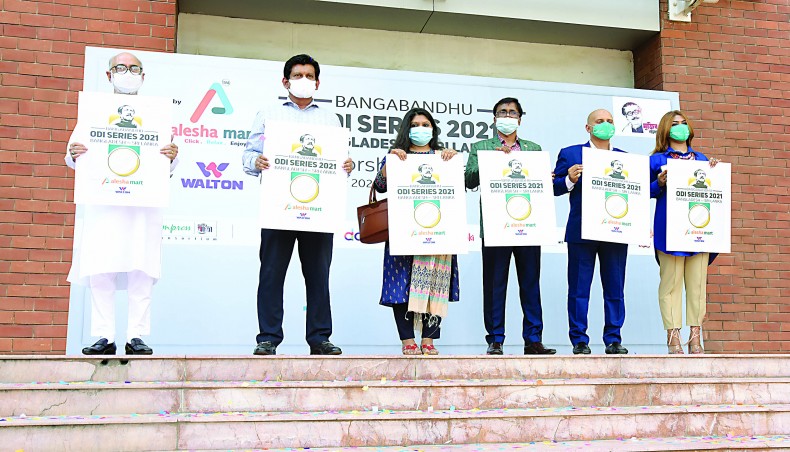 Officials of the Bangladesh Cricket Board, Alesha Mart, Walton and Impress-Matra consortium pose during the logo unveiling ceremony of the Bangabandhu Bangladesh-Sri Lanka ODI series 2021 at the Sher-e-Bangla National Stadium on Saturday. — Courtesy photo